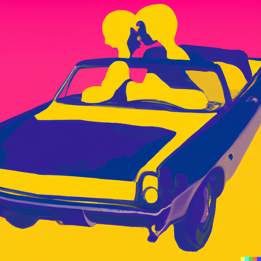 AI Images of lovers in a car in the style of Warhol