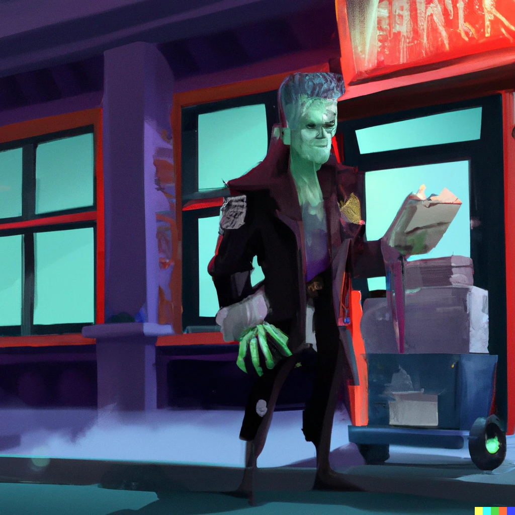 A cartoon of a Zombie Valet in front of a store.