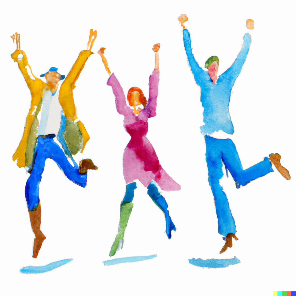 A watercolor painting of a group of people jumping.