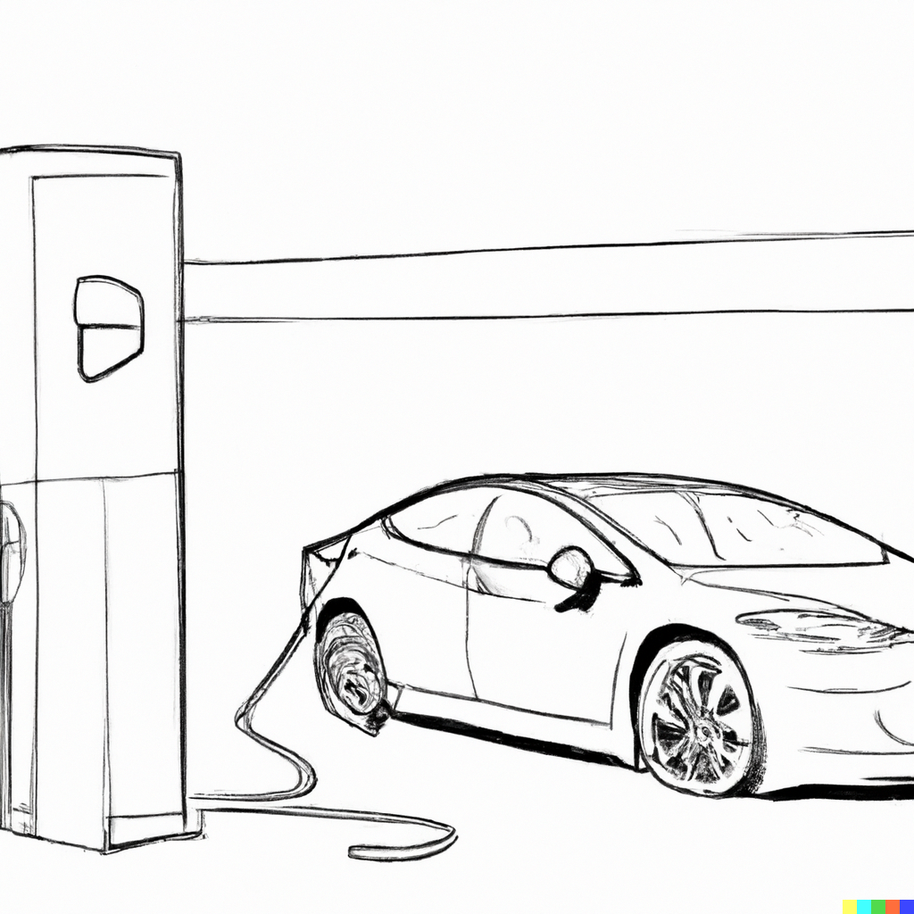 A drawing of a tesla car charging at a charging station.