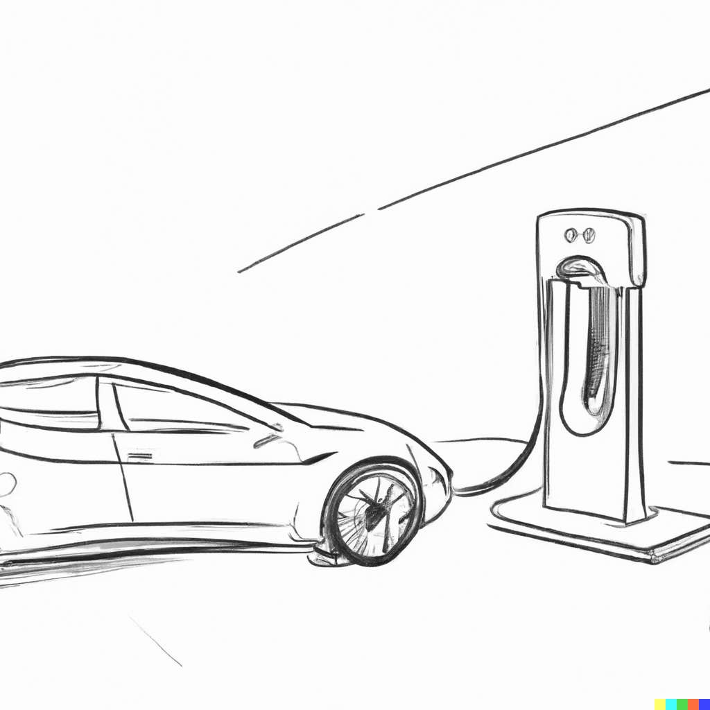 A drawing of a car plugged into a charging station.