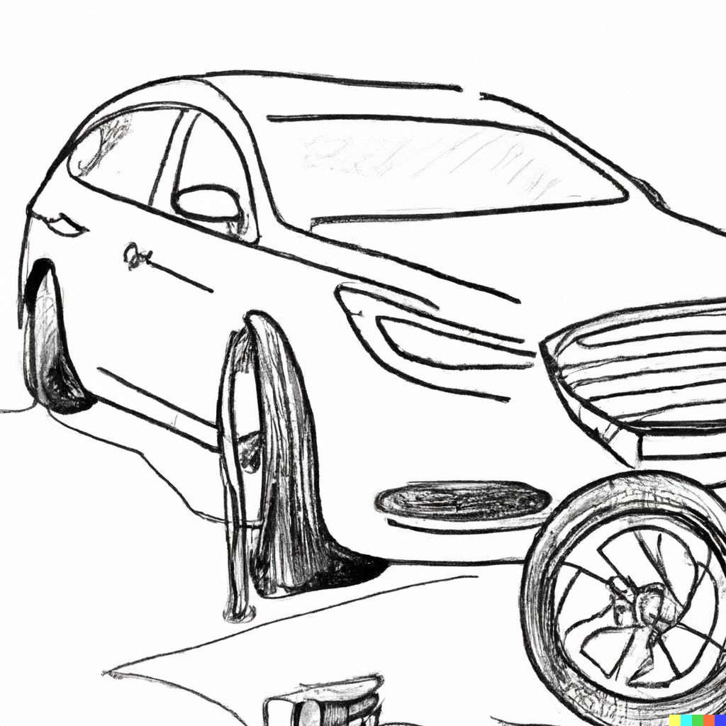A drawing of a car with a tire on it.